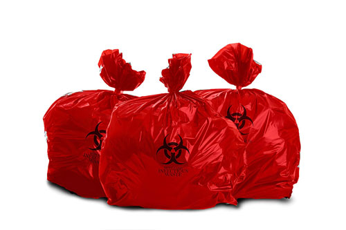 three red biohazard waste bags